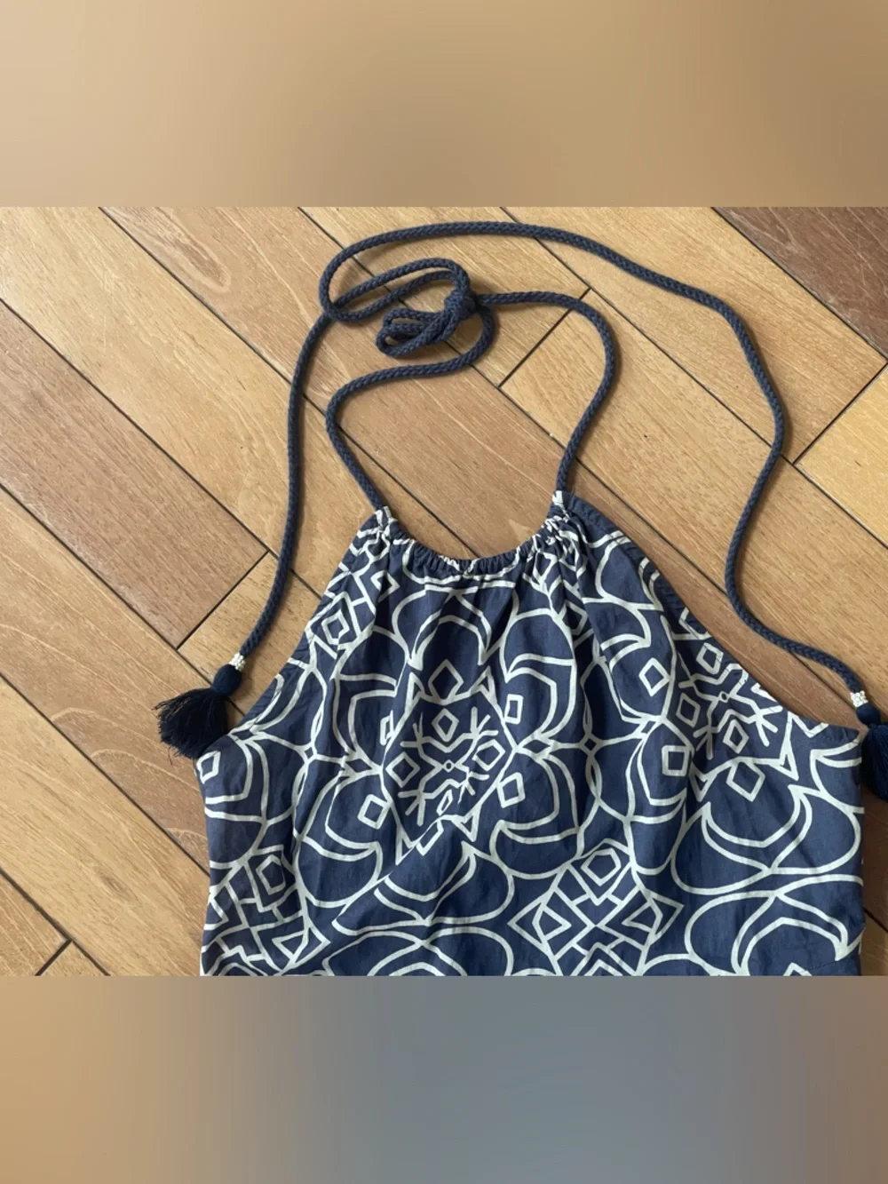 Zara Blue & White Printed Smocked Halter Midi Dress Tassel Tie Size Small
